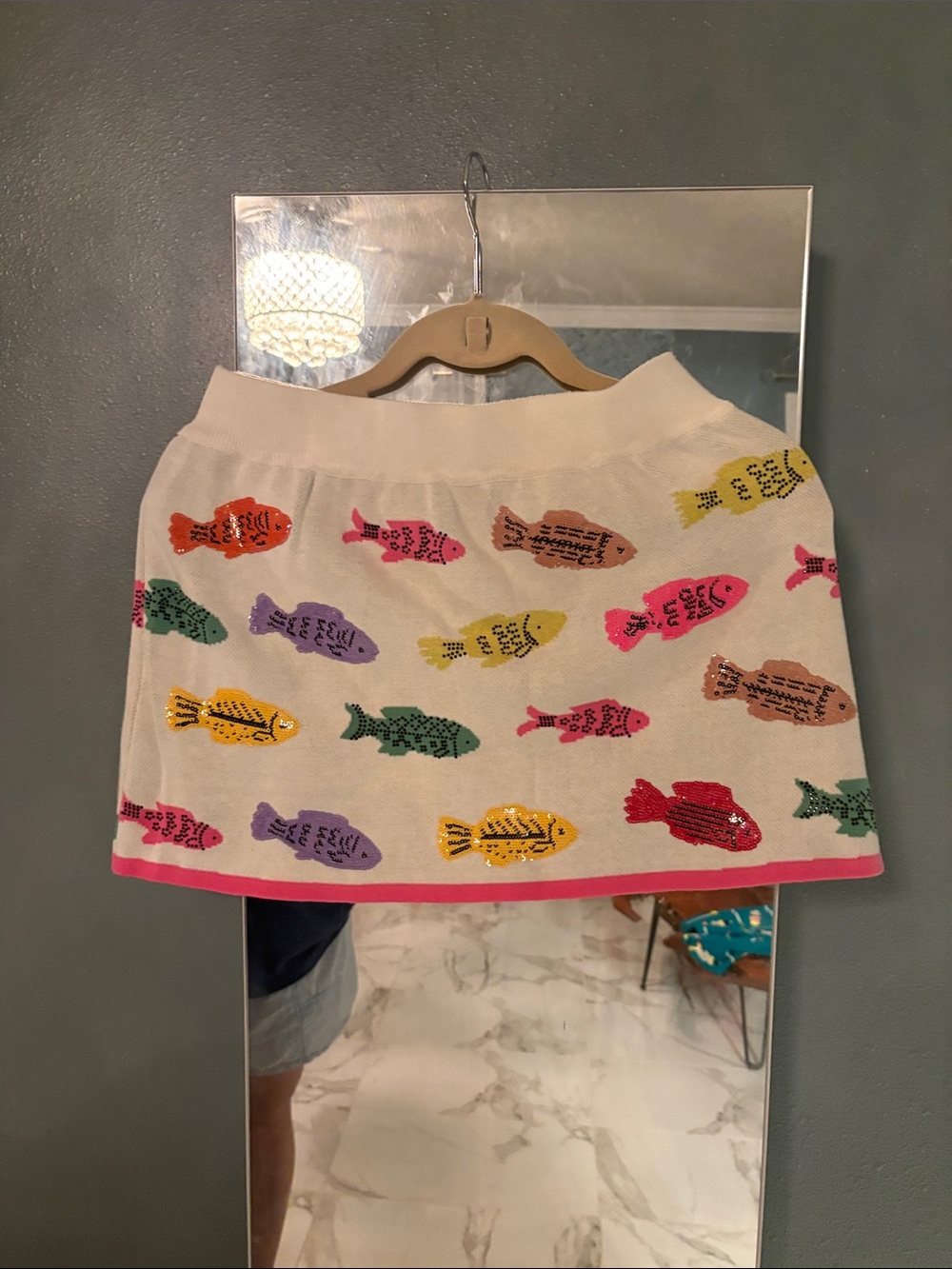 QUEEN OF SPARKLES White Mini Skirt with Multicolor Fish Print